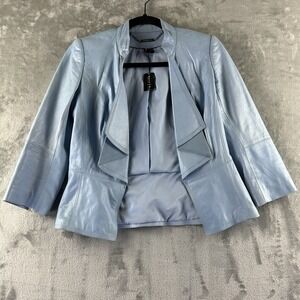 White House Black Market Leather Jacket Women's XXS Blue Cascading Lapel 3/4 NEW